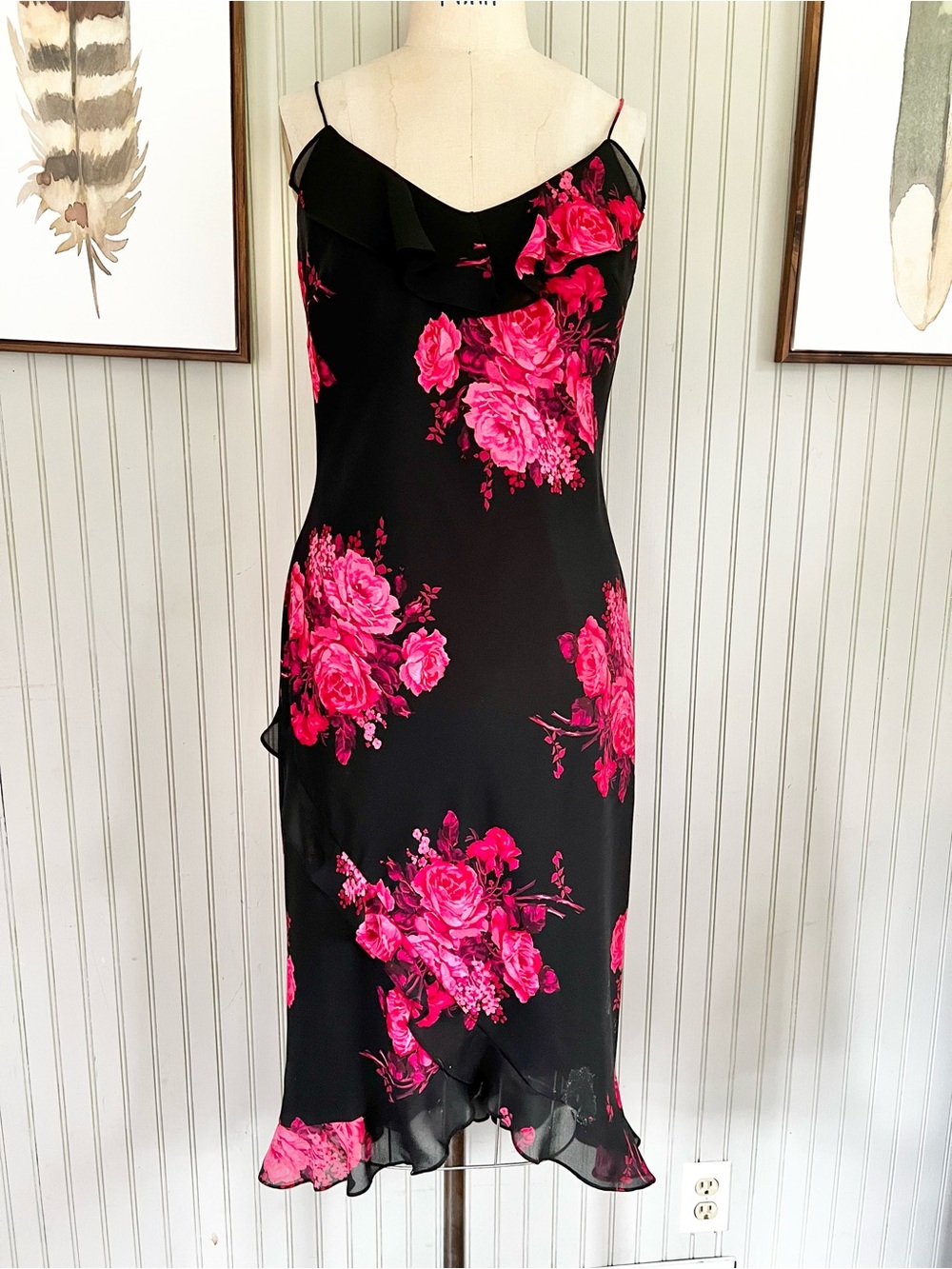 Vintage Y2K Express Black Floral Ruffle Slip Dress Sleeveless Party